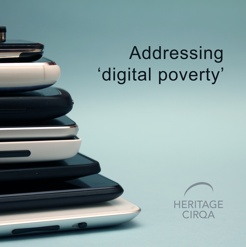 chrome books and devices in a pile with the Heritage Cirqa logo and digital poverty headline